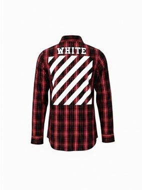Off-White Red Plaid Shirt Jacket with Bold White Back Graphic